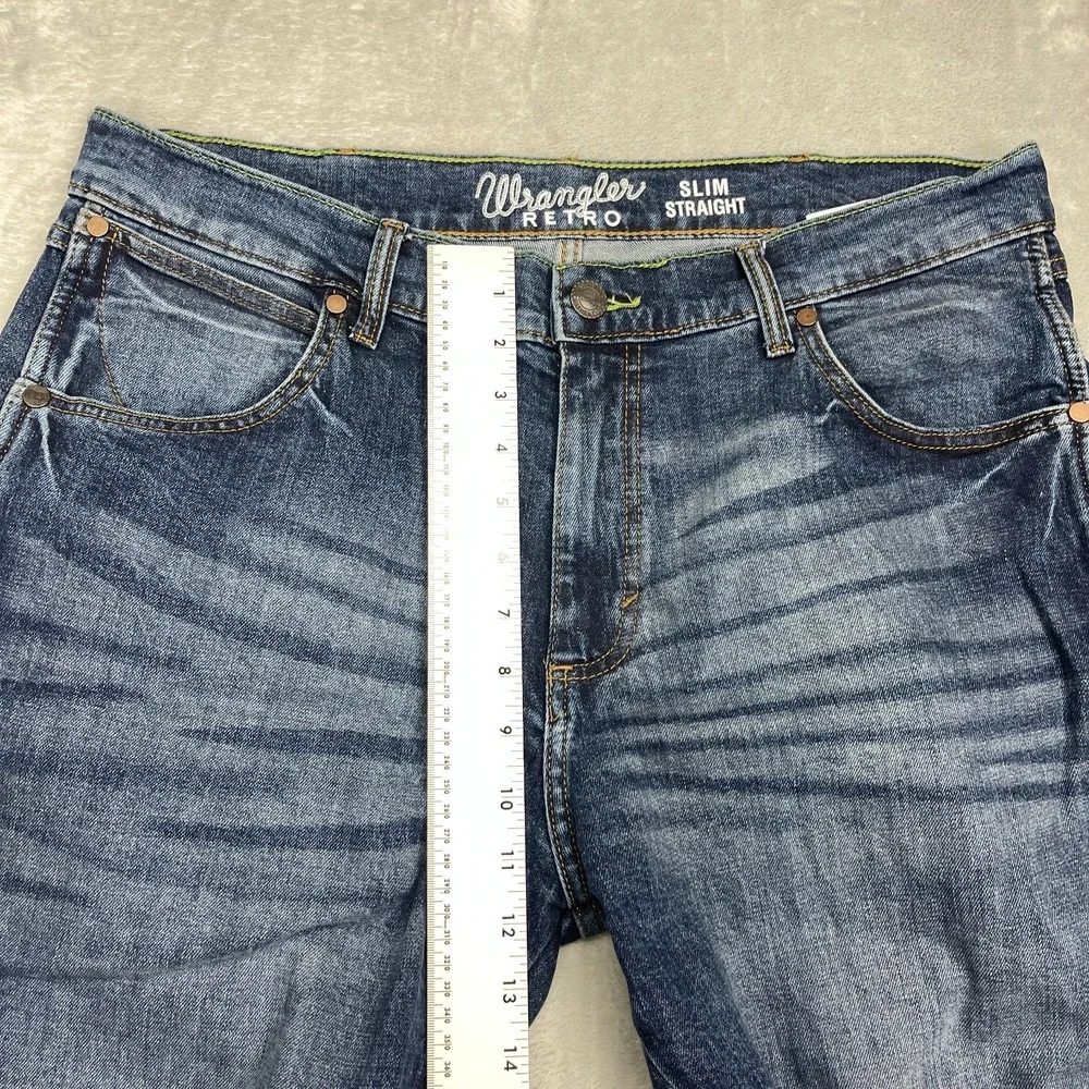 Wrangler Jeans Mens 36x30 Blue Denim Dark Wash Faded Retro Slim Straight Leg